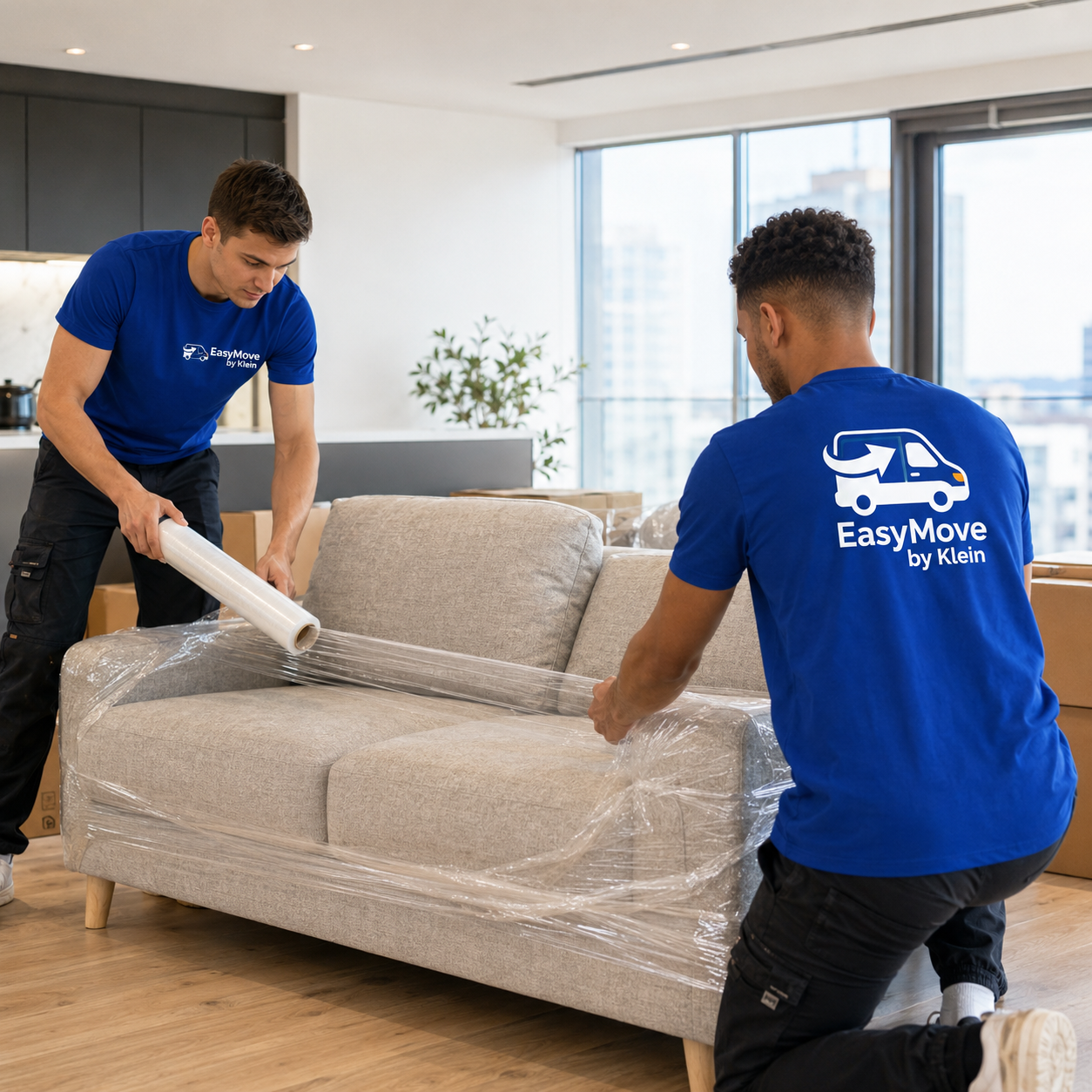 Two professional EasyMove movers carrying a sofa inside a Cyprus home