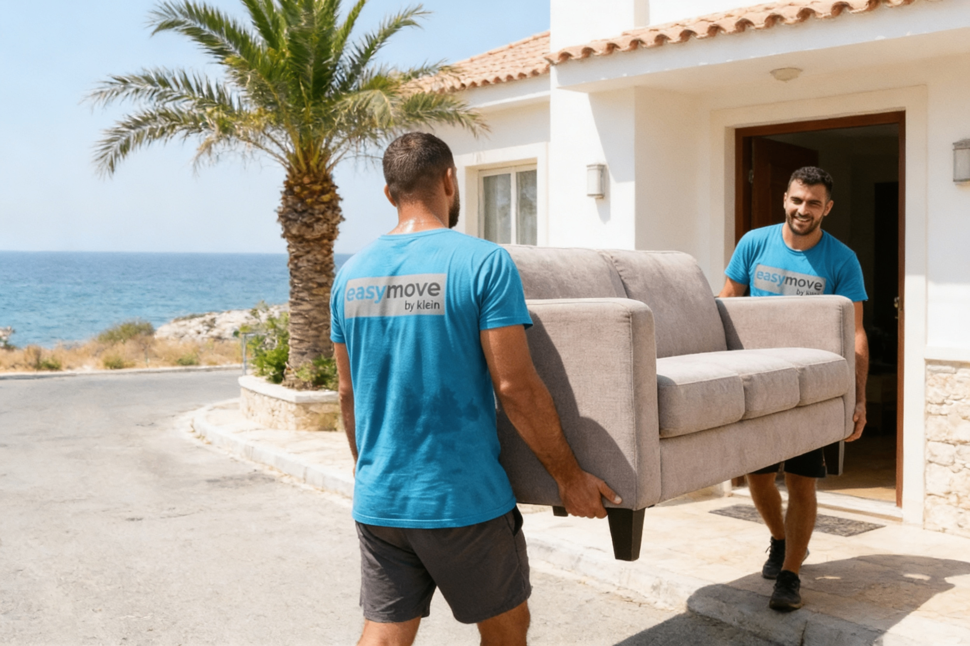 Two professional EasyMove movers carrying a sofa inside a Cyprus home